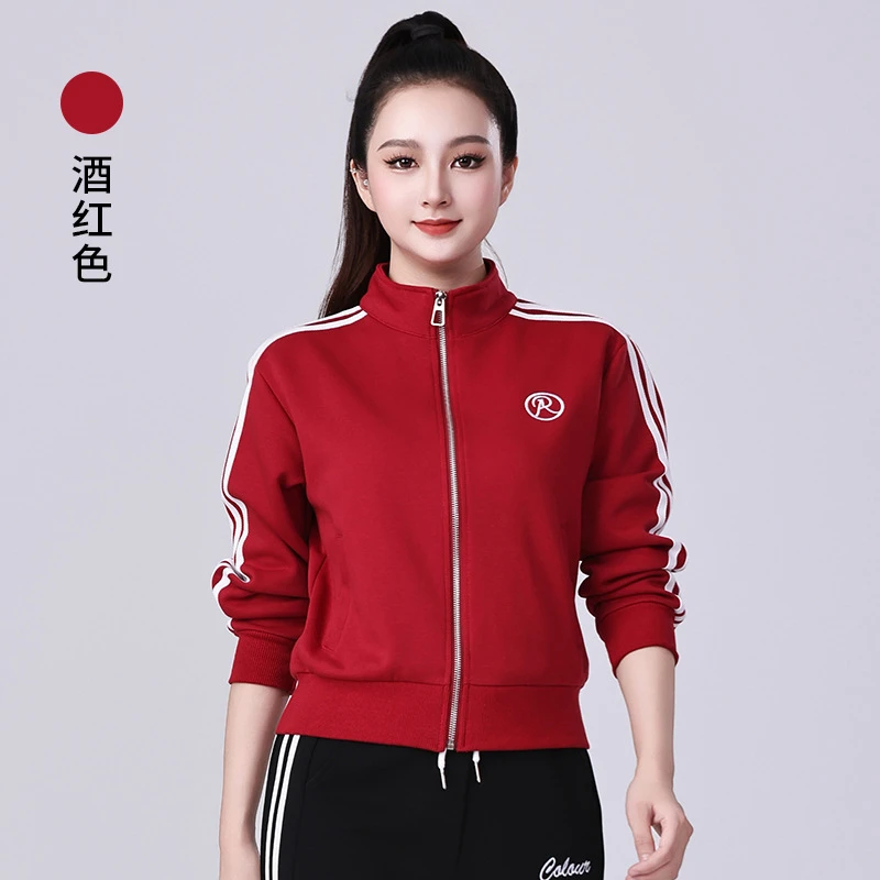 绣花立领运动三条杠上衣2025新款秋冬长袖修身简约百搭广场舞外套