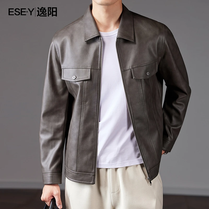 逸阳2025秋季新款翻领修身夹克男士复古休闲PU皮衣男长袖外套2305