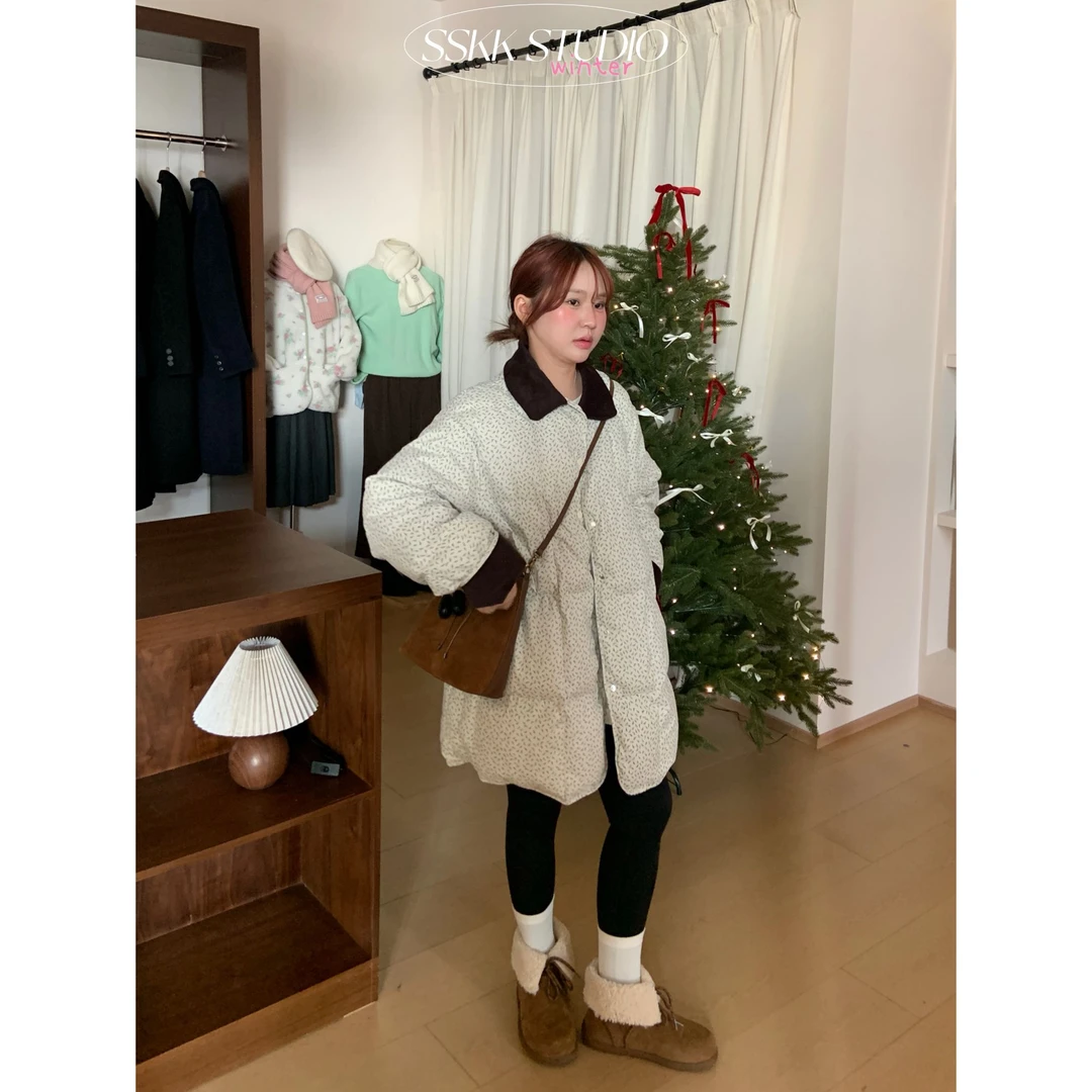 KMZY/KMZY山_山【韩女做派】微胖韩系撞色灯芯绒翻领碎花中长款棉服