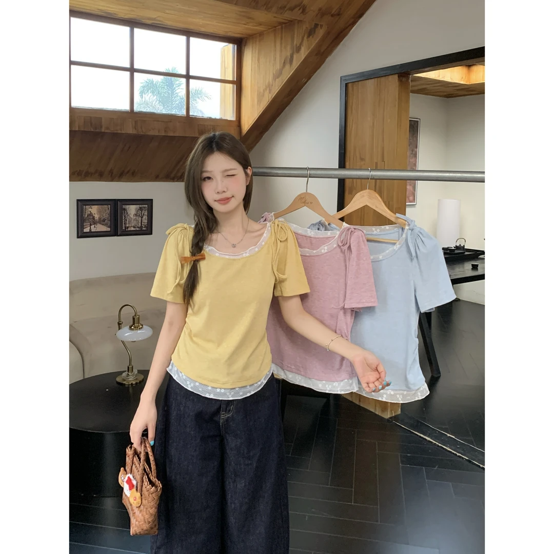 清胖mm大码女夏季款蕾丝拼接收腰显瘦短袖T恤纯欲甜美风上衣64513