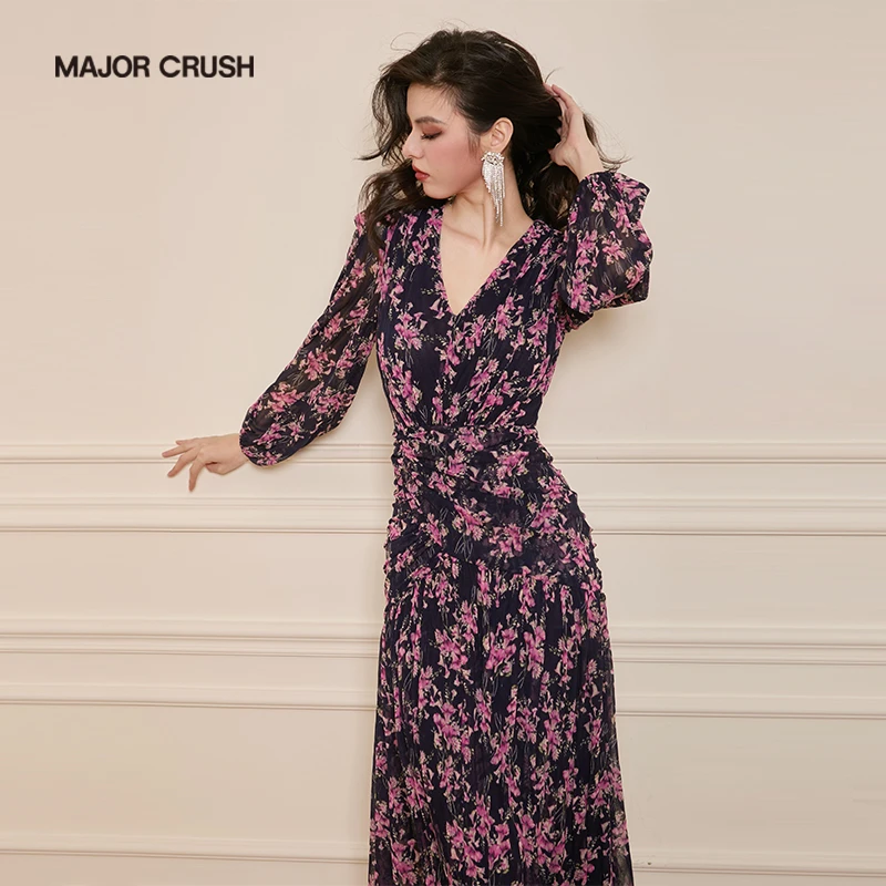 MAJOR CRUSH【欧若风】新款雾蓝桔梗连衣裙优雅气质收腰名媛V领6628