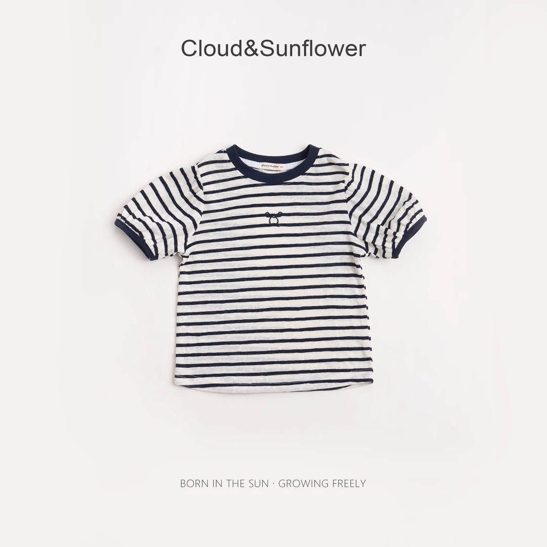 【云朵小葵】女童夏季条纹蝴蝶结泡泡袖百搭T恤252679