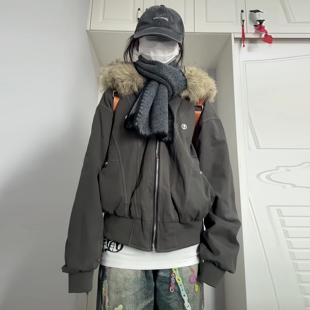 美式潮牌派克服短款羽绒棉服女秋冬季新款大毛领连帽棉袄加绒外套