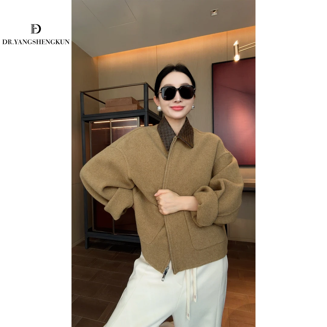 杨圣坤2025新品羊绒羊毛混纺编织羊皮翻领双面呢大衣EY25101109