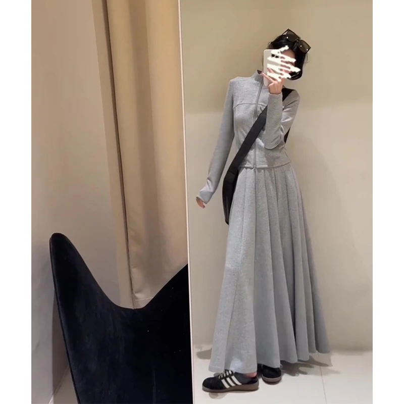 2025秋季新款女韩系穿搭拉链休闲修身长袖上衣高腰显瘦百褶半身裙