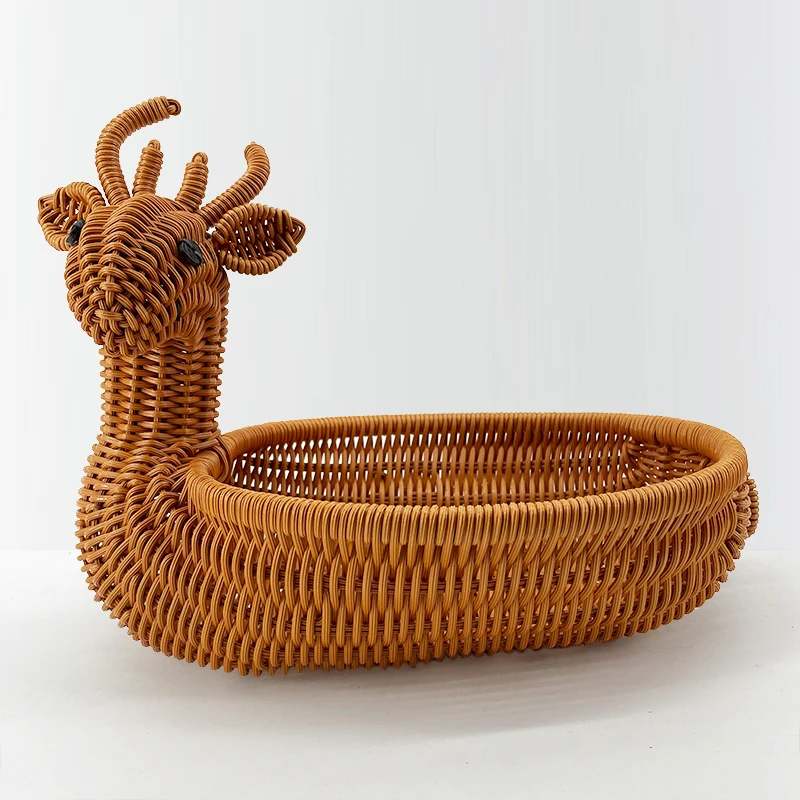 A100**创意小鹿水果篮桌面零食托盘儿童玩具收纳篮手工编织藤篮