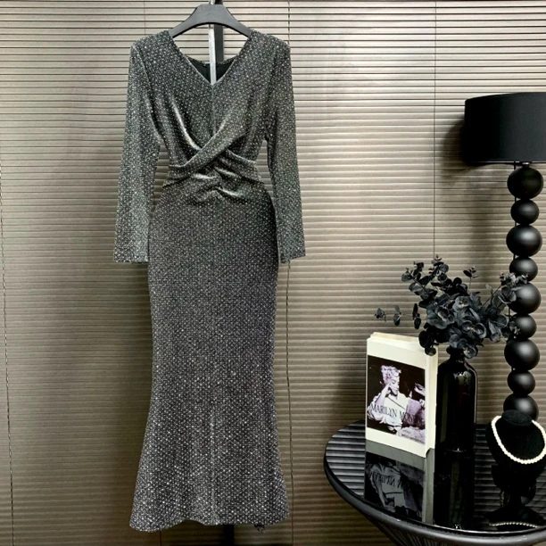 《天帝专属》罗马女神银色烫钻修身鱼尾长款连衣裙纯御名媛款礼服ZY