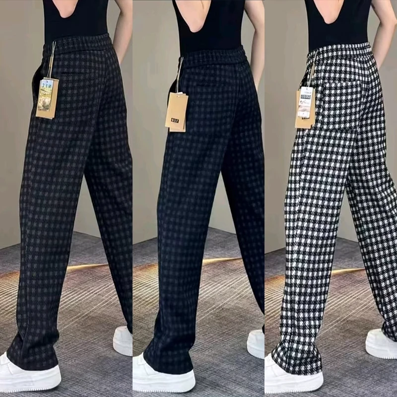 秋冬新款男士时尚轻奢格子拼接休闲裤2025潮流百搭垂感显瘦直筒裤