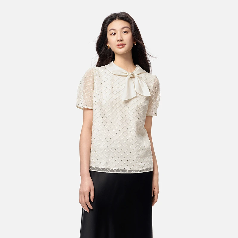 Koradior/珂莱蒂尔浪漫蝴蝶结亮片轻奢感上衣小衫KD04592D1