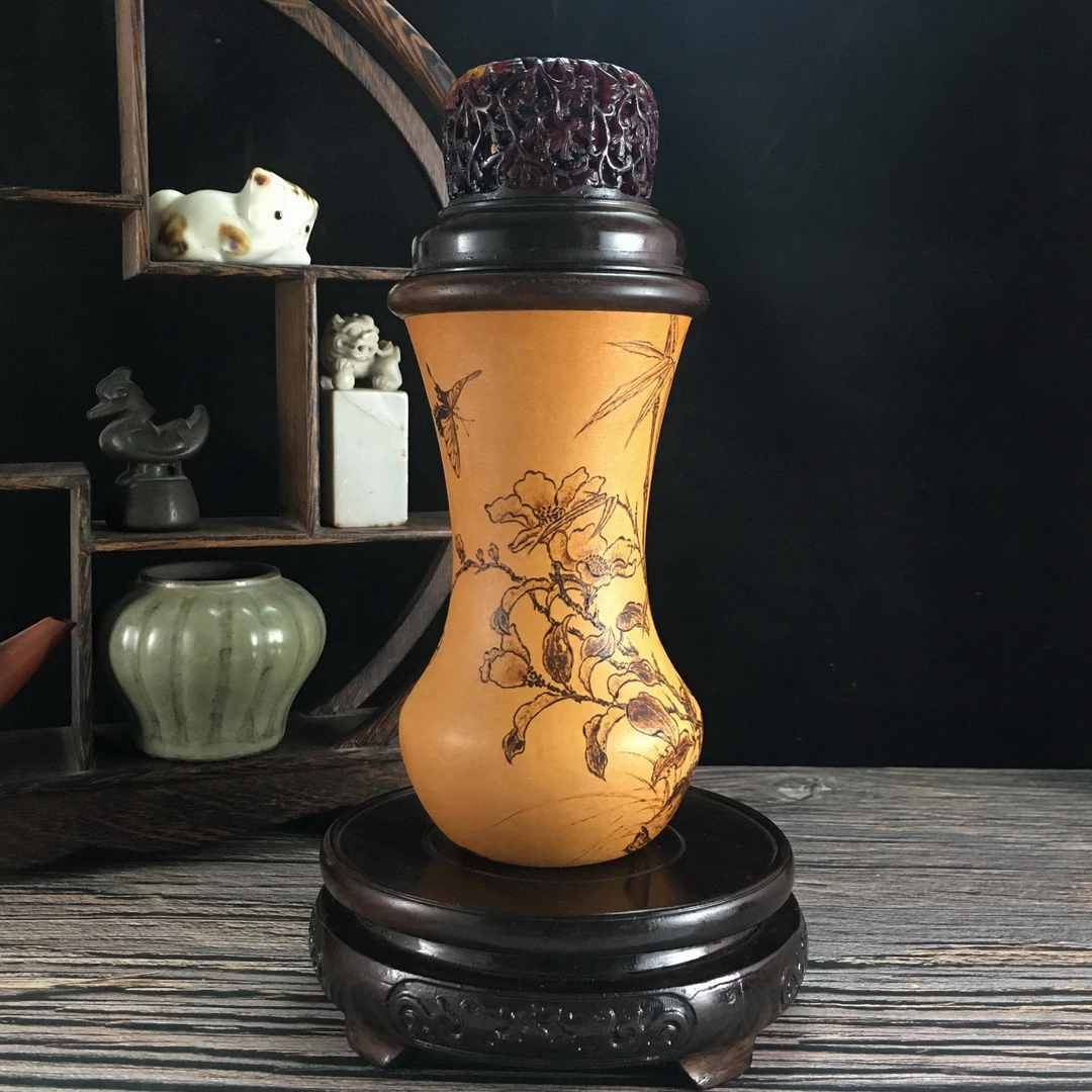 柳氏烙艺竹蝶风静 纯手工艺烙画蓄虫鸣虫具葫芦蝈蝈叫罐文玩摆件B