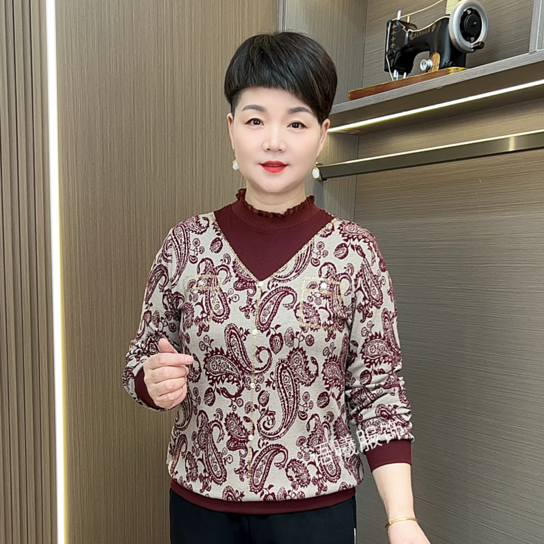 圆领薄款时尚风中老年女装百搭印花洋气假两件长袖上衣F8921