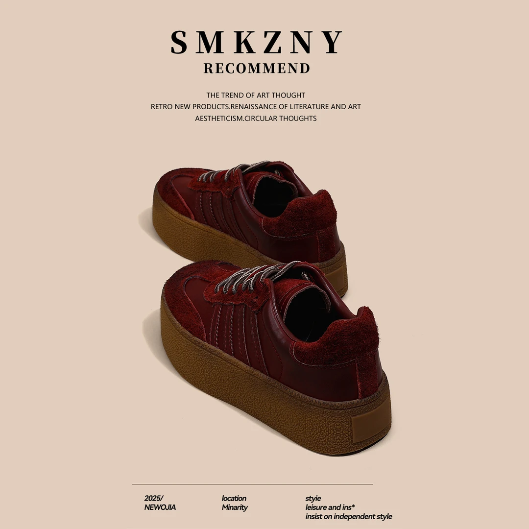 洒红色真皮复古阿甘德训鞋女款2025新款秋季鞋子百搭轻便休闲板鞋