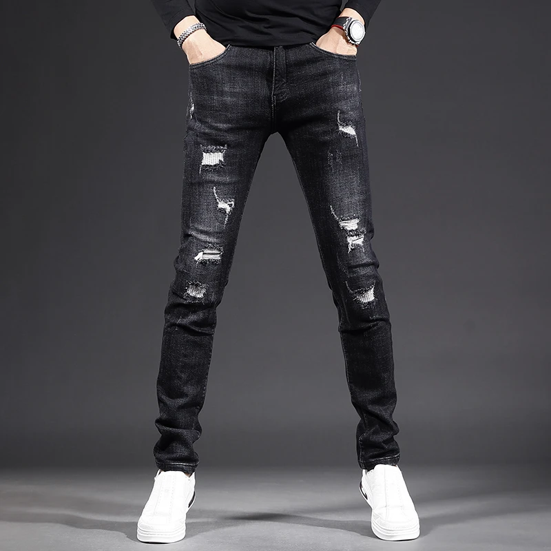 2025新款黑色破洞牛仔裤男款秋季修身小脚高端潮牌个性弹力男裤子