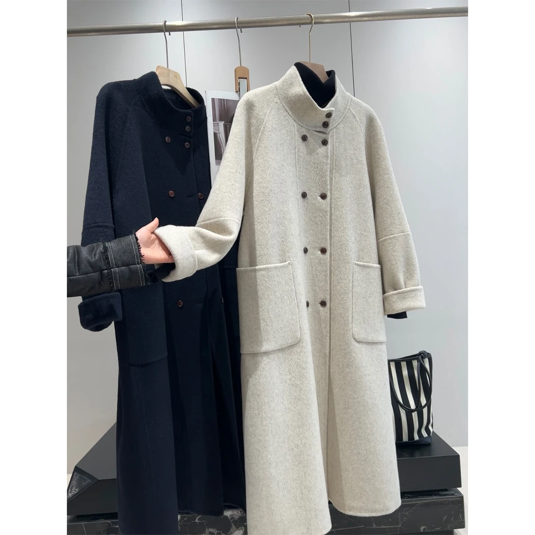 余单！高端大气 立领双排扣长款双面呢绵羊毛大衣气质通勤外套