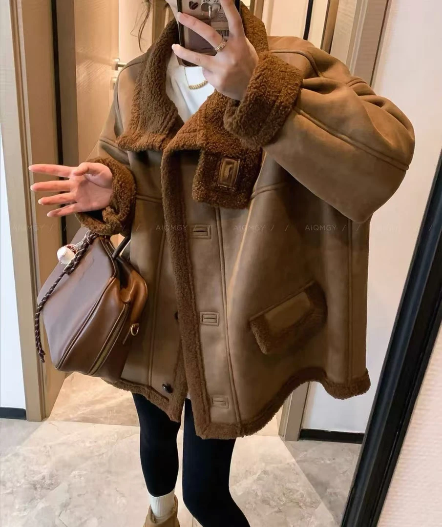 胖丁 皮毛一体羊羔毛外套女2025款冬秋季宽松立领加厚5801