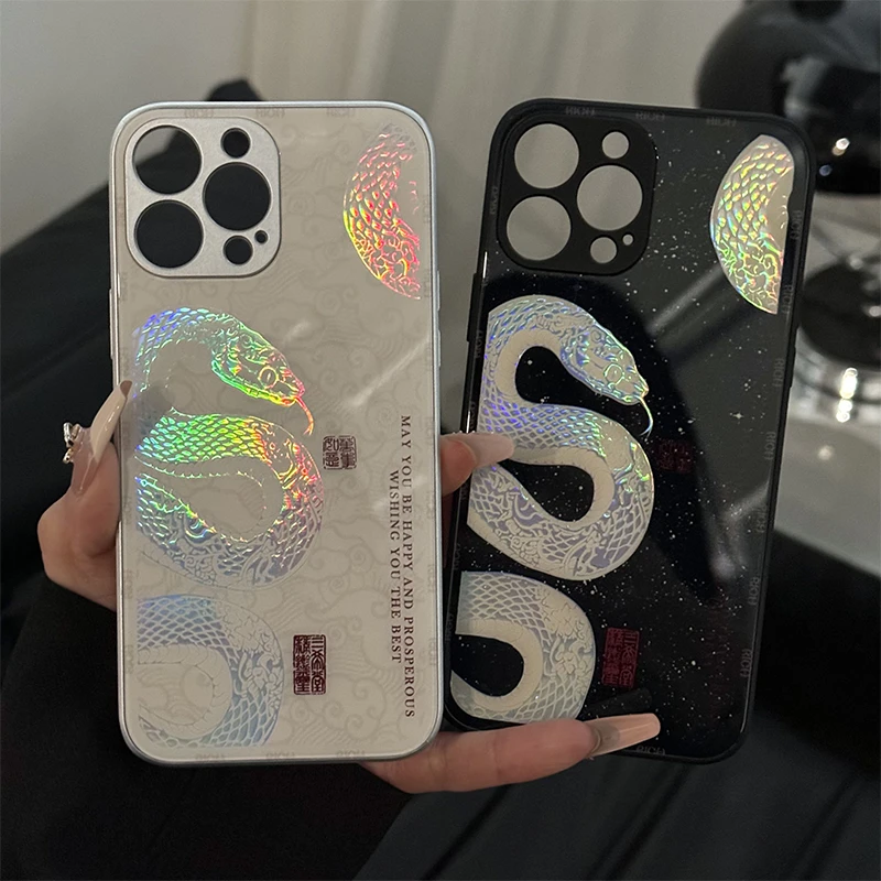 肤感烫金玻璃适用ihone16苹果15手机壳华为p60新款中式蛇纹小米15