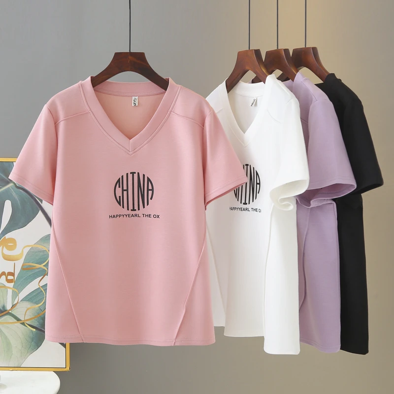 2025夏装新款休闲大码上衣200斤胖mm圆领遮肚子显瘦正肩半袖t恤