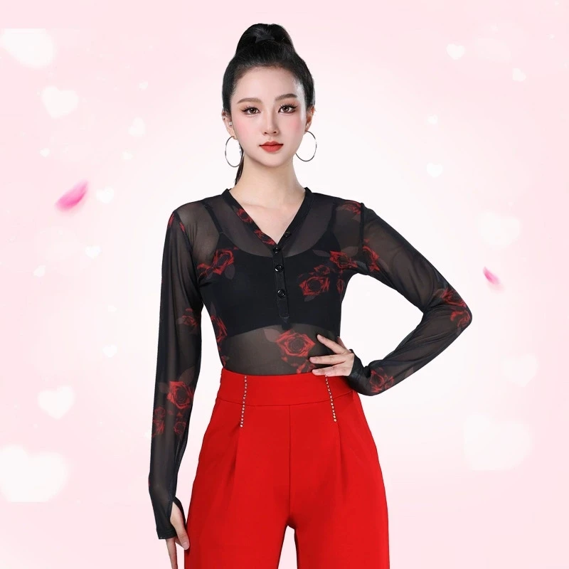 摩登舞跳舞衣拉丁舞交谊舞服装女上衣伦巴舞蹈服新款广场舞服长袖