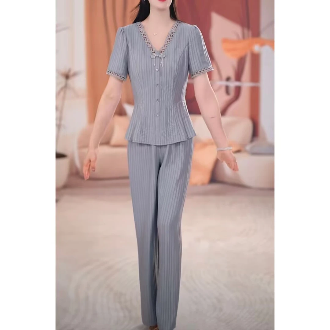 【芊美瑞】25B-213冰丝暗纹套装2025夏季新款时尚休闲阔腿裤两件套