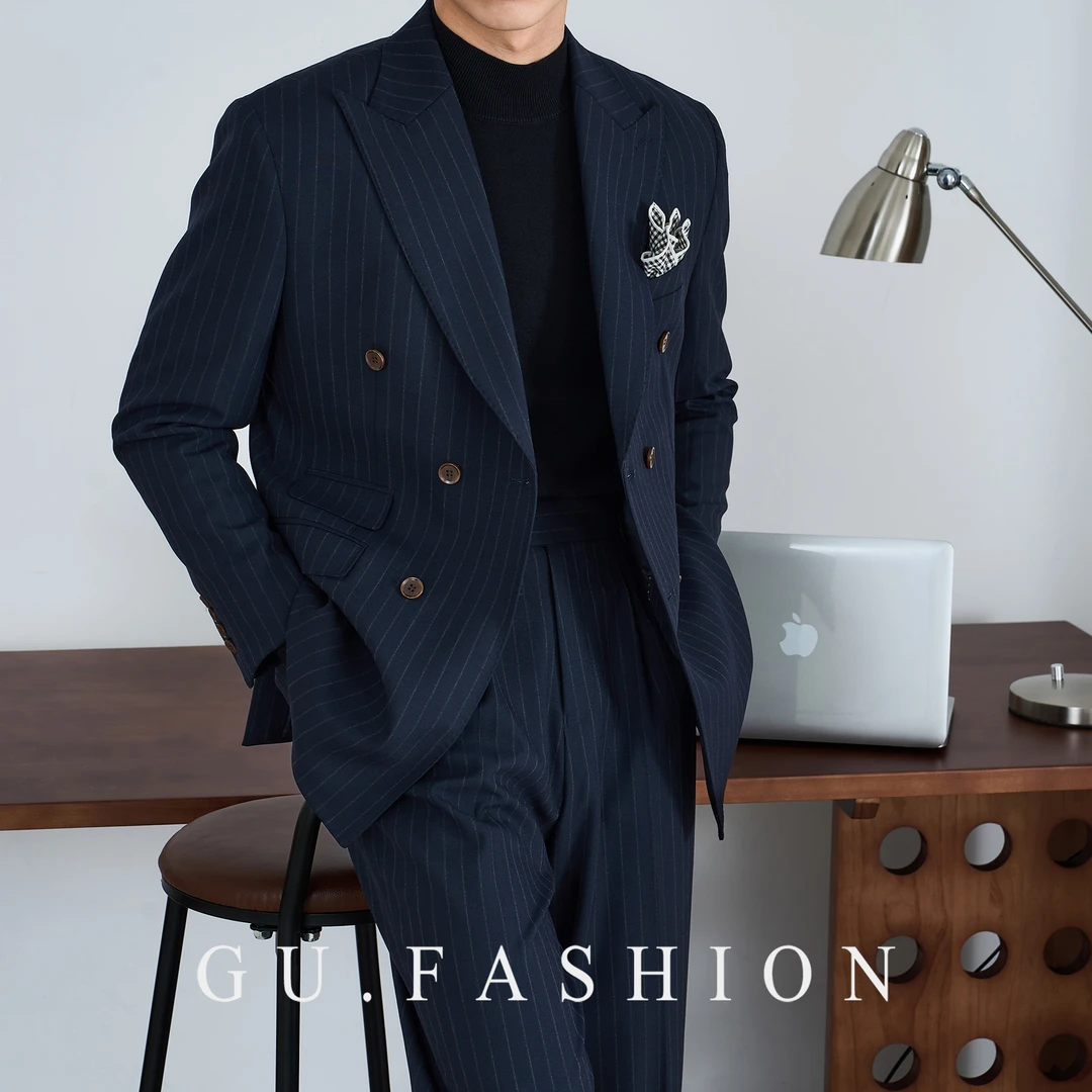 【布雷泽】GU FASHION高级感双排扣条纹新郎结婚正装西装套装礼服