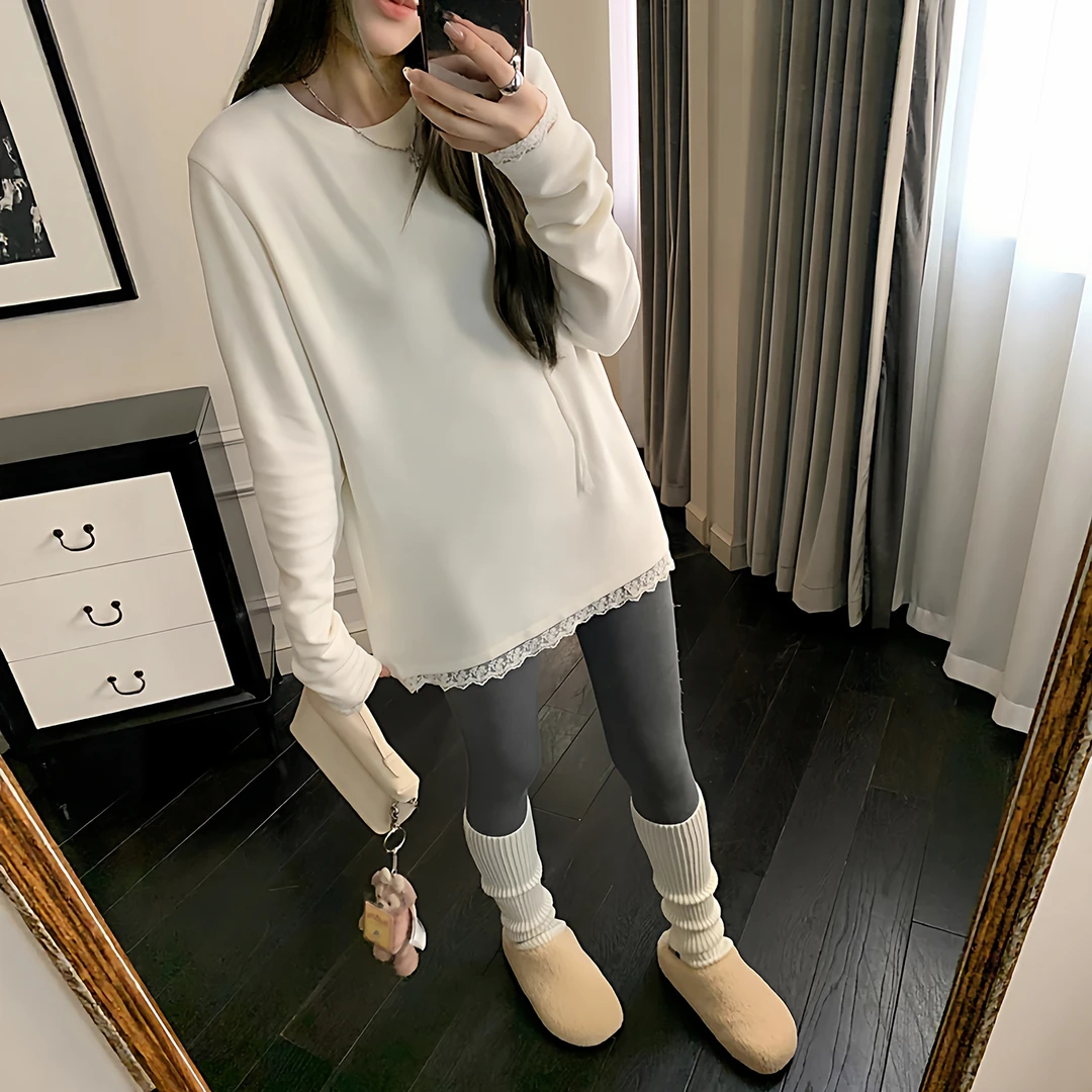 欧货加绒白色蕾丝拼接打底衫女2025新款秋冬遮屁股长袖T恤上衣潮