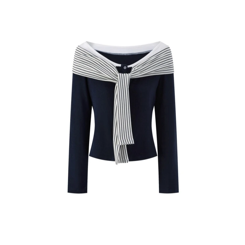 2025年韩系穿搭藏蓝色拼接条纹绑带长袖t恤秋季修身显瘦上衣