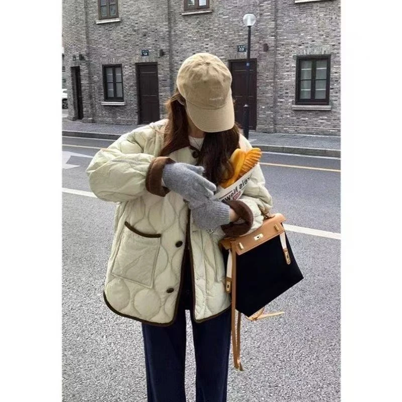 小香风大码棉服菱形格轻薄翻领棉衣2025年秋冬新款棉衣胖MM棉衣女