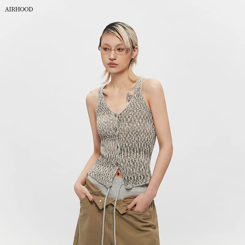 AIRHOOD 国潮牌夏季简约V领无袖针织开衫辣妹马甲背心上衣女N5080