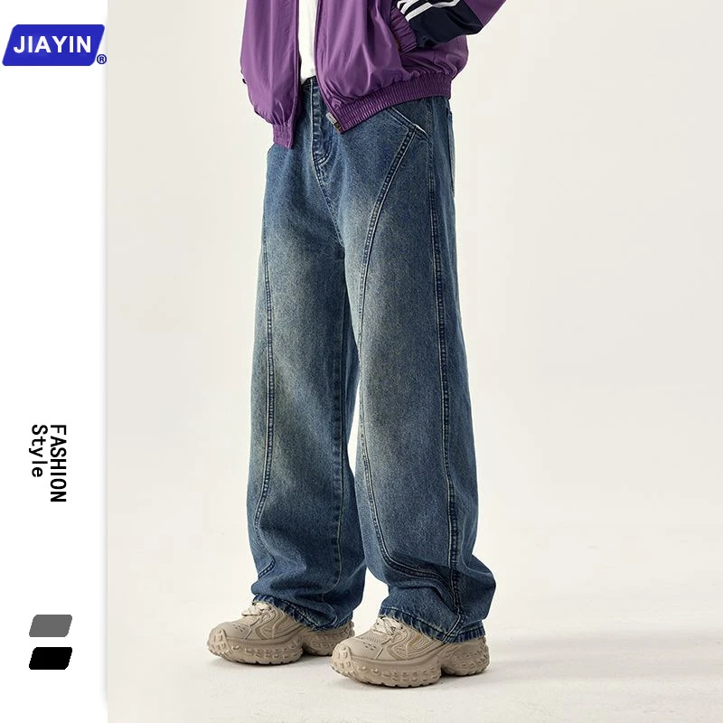 潮牌美式复古高街弯刀牛仔裤男士新款宽松大码长裤男直筒水洗休闲