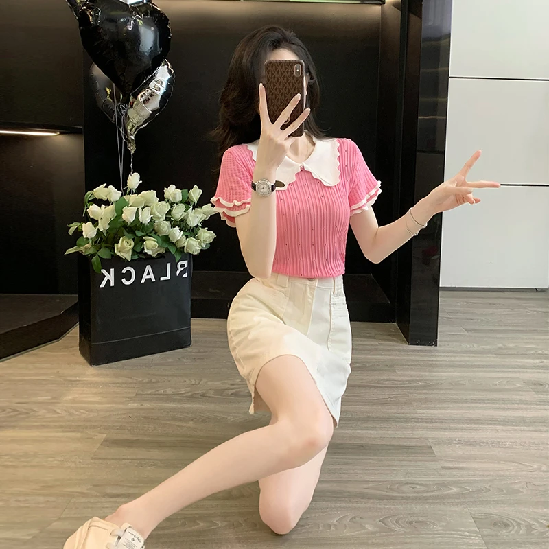夏季新款韩系穿搭一整套女短袖针织衫气质白色牛仔半身裙两件套潮