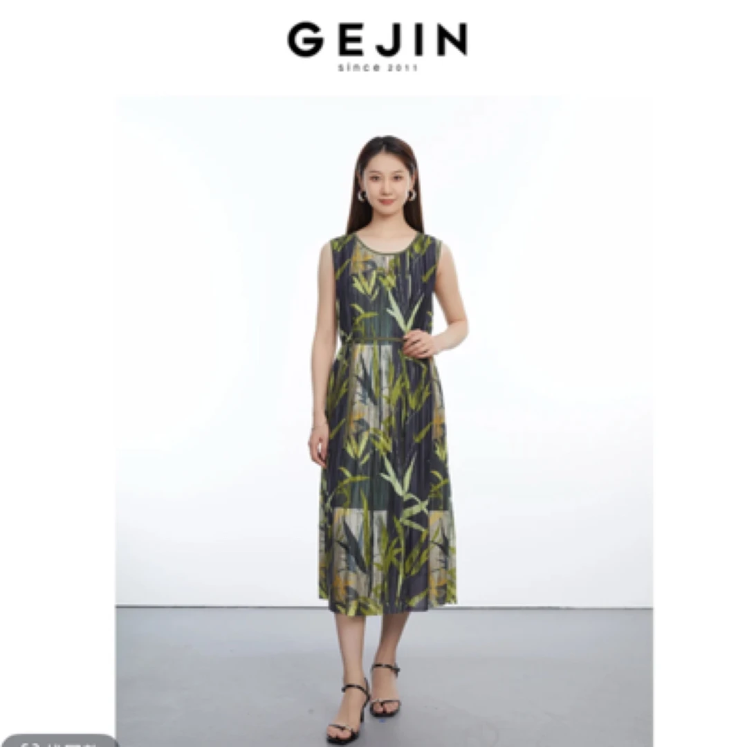 GEJIN/歌锦2025夏季新款东方意蕴竹节手绘印花连衣裙9242550303