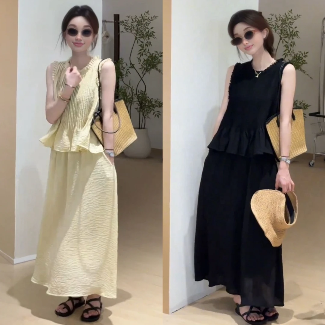 2025年女装夏季韩系设计感高级感时尚抽褶无袖上衣+半身裙两件套