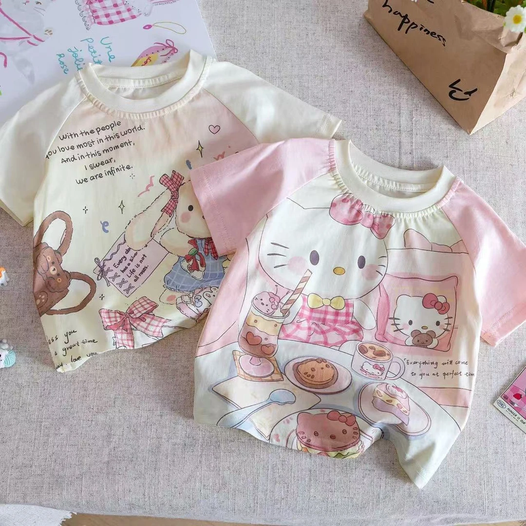 女童T恤吸汗透气纯棉宝宝上衣夏季2025新款圆领拼接卡通动漫可爱