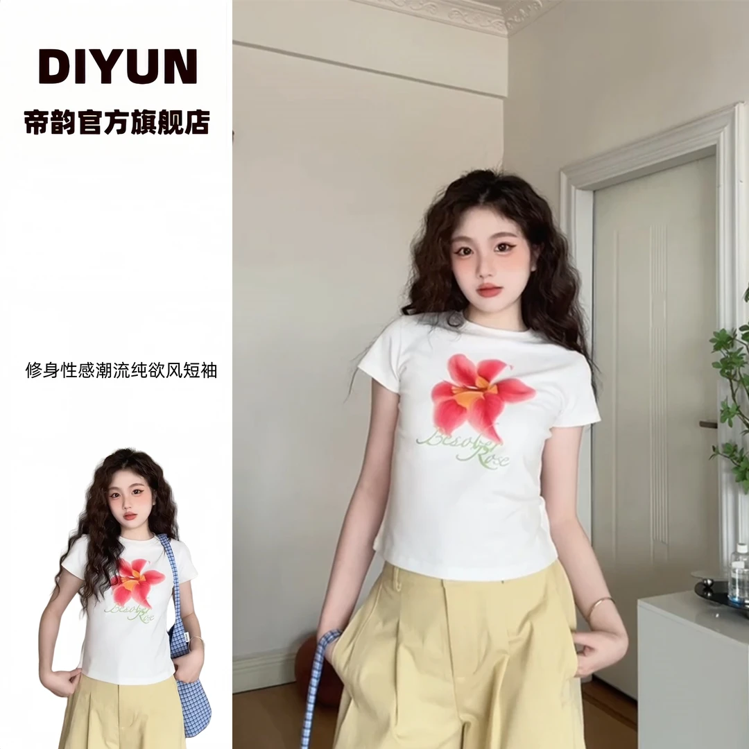 美式花卉印花白色正肩短袖t恤女夏季新款修身显瘦甜辣妹短款上衣
