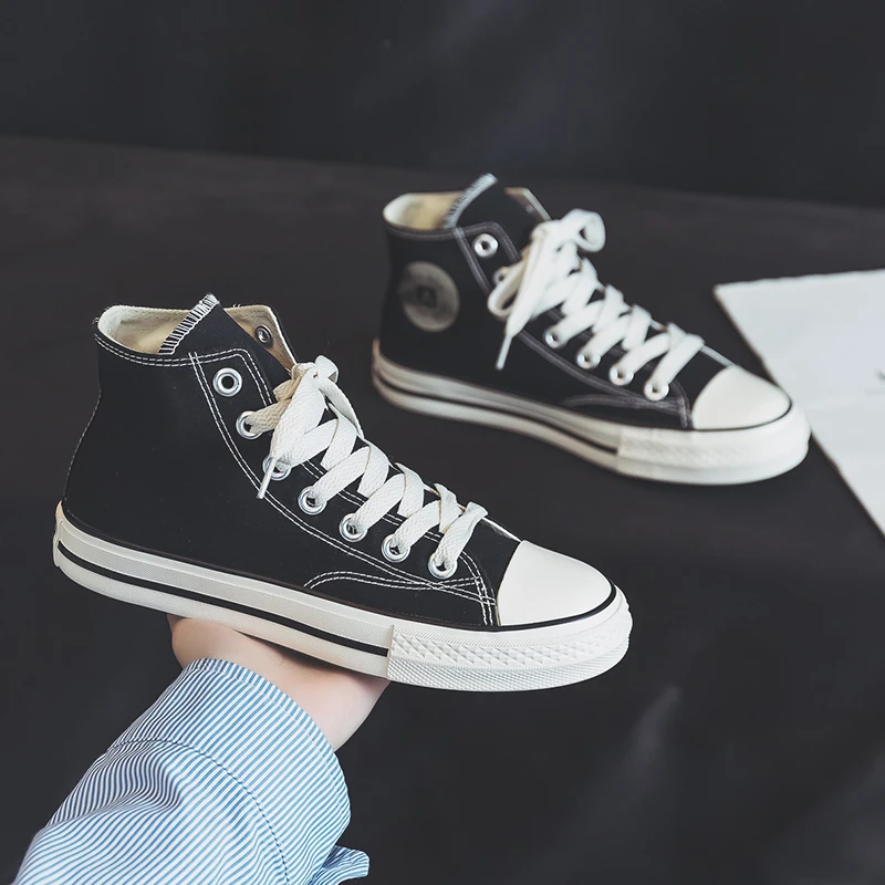 人本高帮帆布鞋女2025新款春季ins潮港风休闲鞋经典百搭平底板鞋
