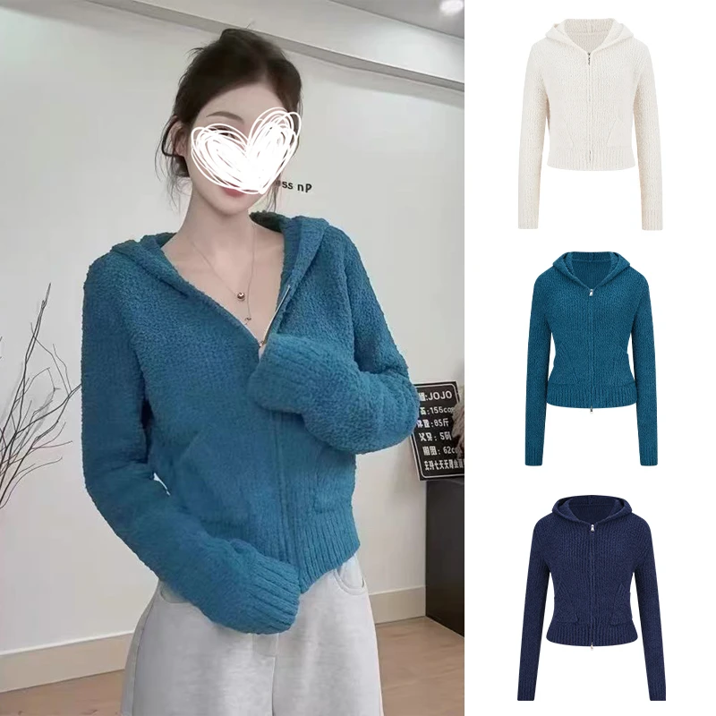 Moses Queen/魔西女王软糯毛衣亲肤慵懒感复古连帽双拉链开衫外套