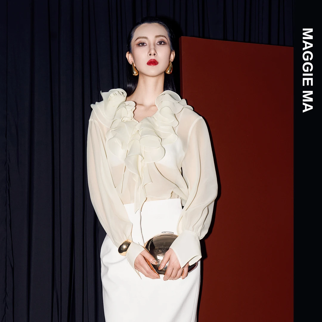 MAGGIE MA马婧设计师款法式浪漫优雅花朵层层叠叠荷叶领衬衫182S