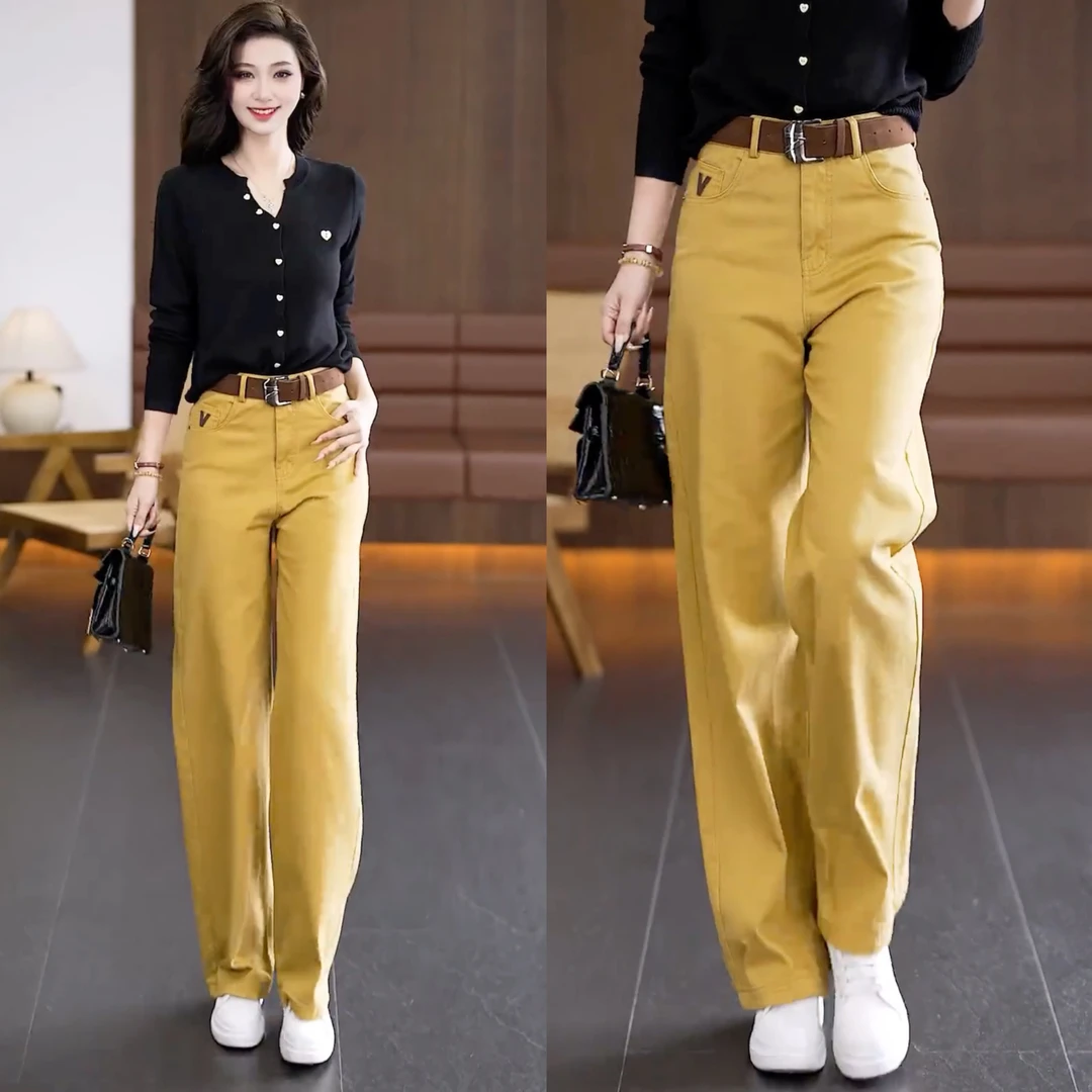 姜黄色纯棉软牛仔窄版阔腿裤女2025春夏新款宽松垂感高腰直筒裤子