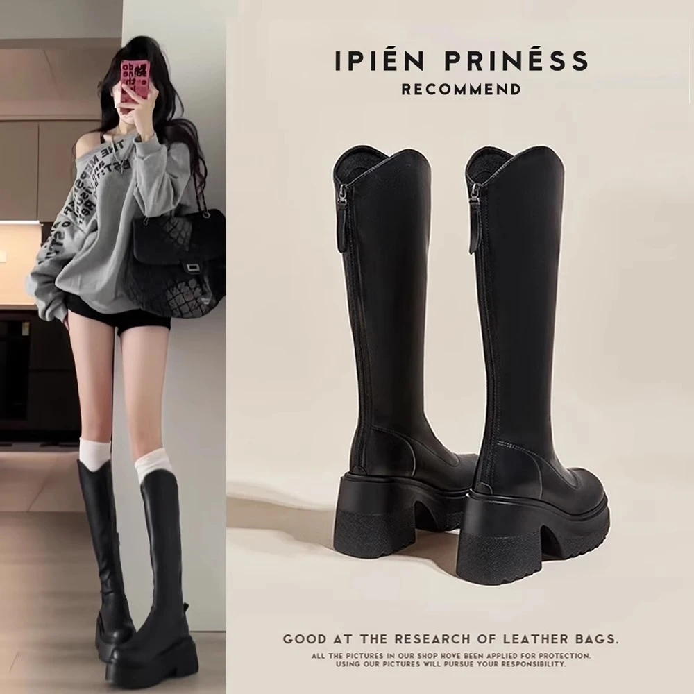 黑色百搭长筒靴女2026春秋新款厚底增高显瘦骑士靴超高跟高筒靴子