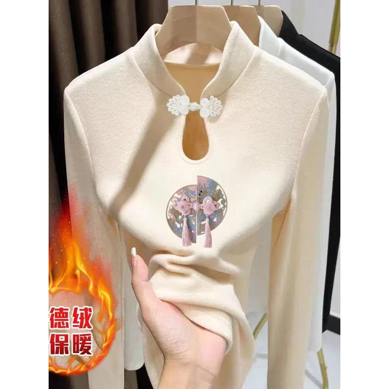 中式新款秋冬德绒国风盘扣2024长袖T恤设计保暖加厚上衣打底