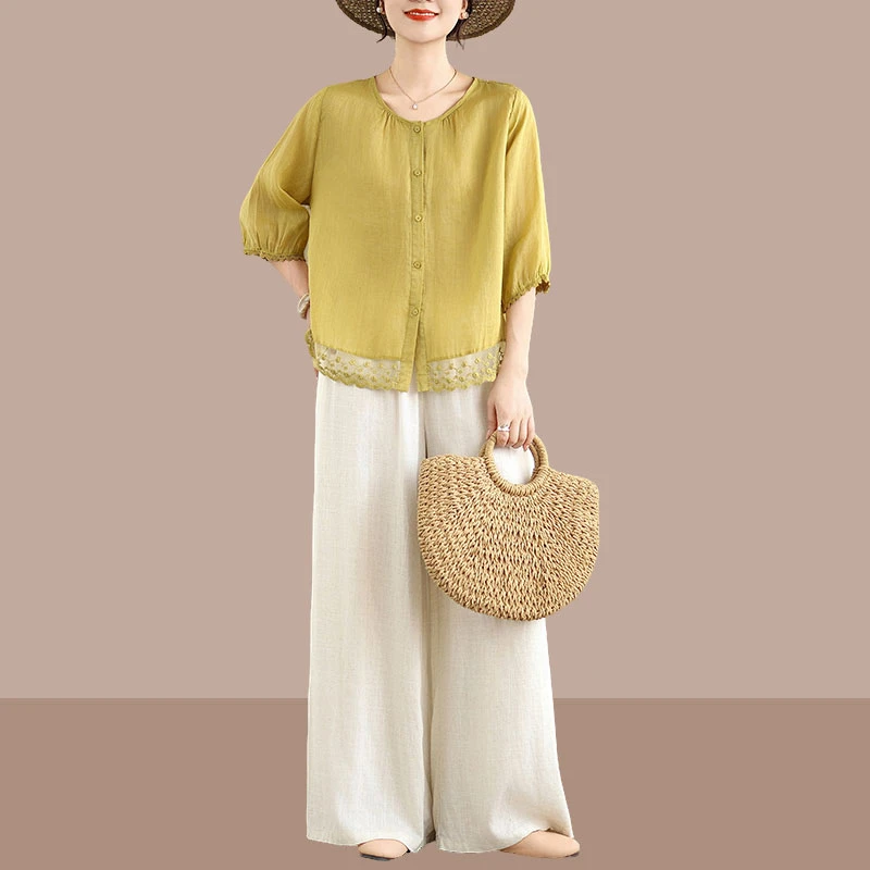 文艺圆领刺绣花边短袖衬衫宽松亚麻上衣+高腰垂感阔腿裤时尚套装