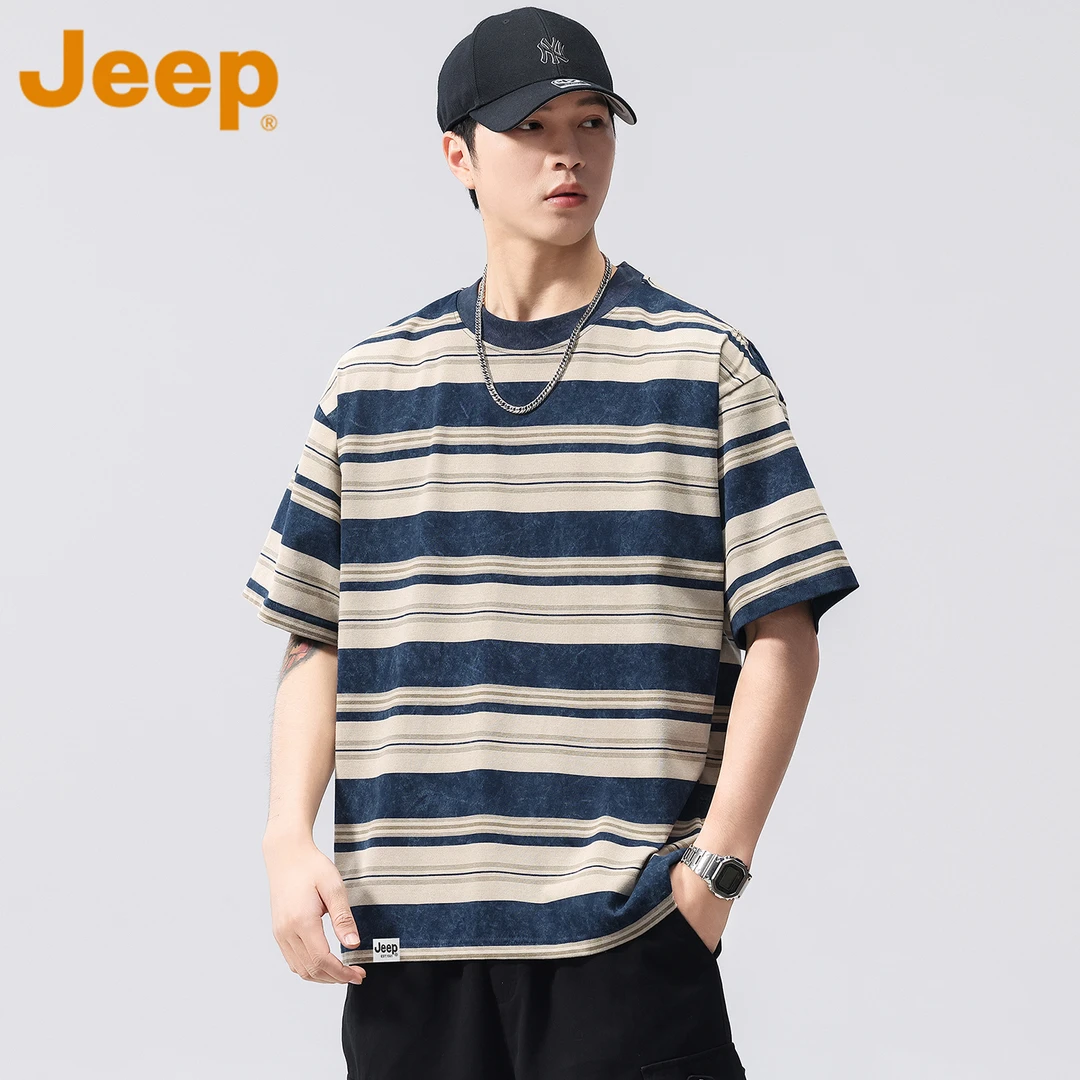 JEEP吉普纯棉条纹T恤男士2025夏季薄款宽松大码透气落肩袖上衣男