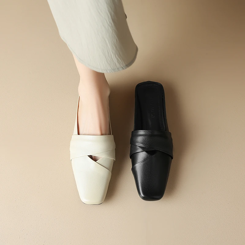 2025夏季新款低跟真皮软底休闲百搭方头外穿包头半拖鞋