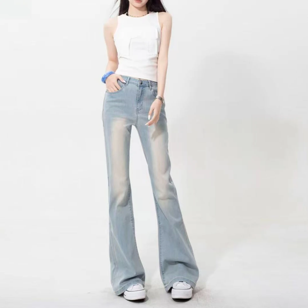 美式蓝色微喇牛仔裤女2025年秋季新款高腰显瘦修身弹力马蹄喇叭裤