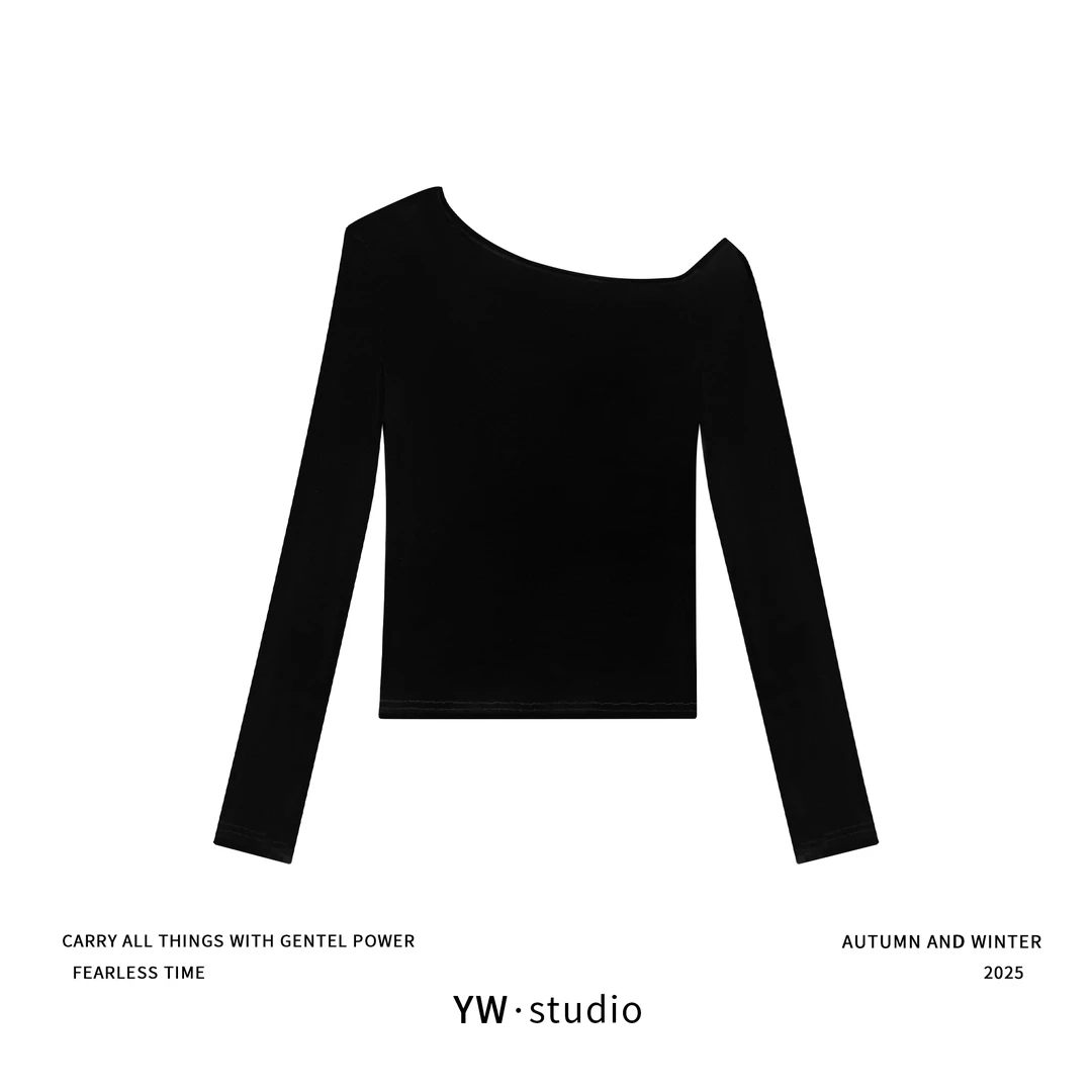 YUWEI/定制 琥珀流光风丝绒弹力斜肩性感露肩纯欲上衣 T8619