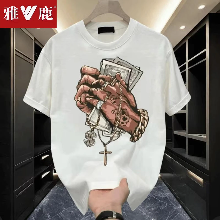 雅鹿重磅纯棉短袖t恤男士夏季韩版宽松潮流休闲时尚印花圆领T恤男