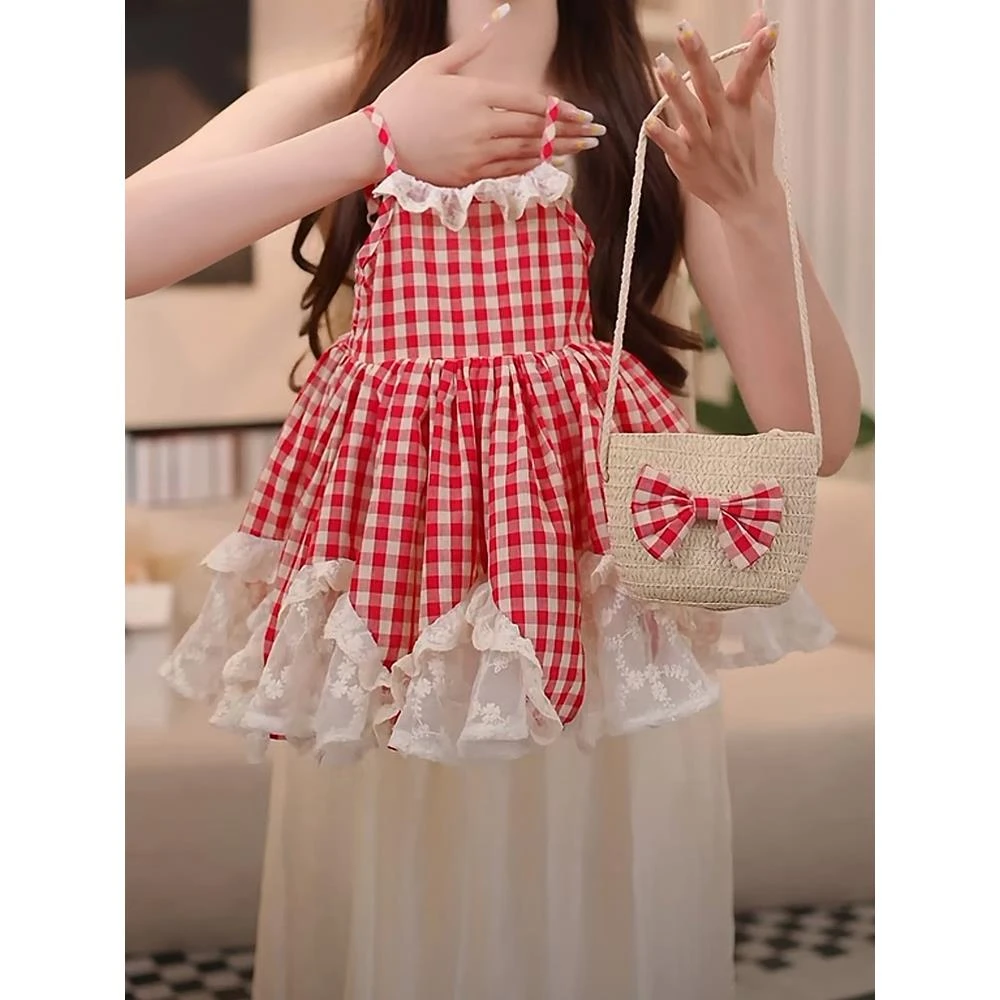巴拉童年女童连衣裙25夏季新款儿童洋气格子吊带裙宝宝时尚蕾丝花