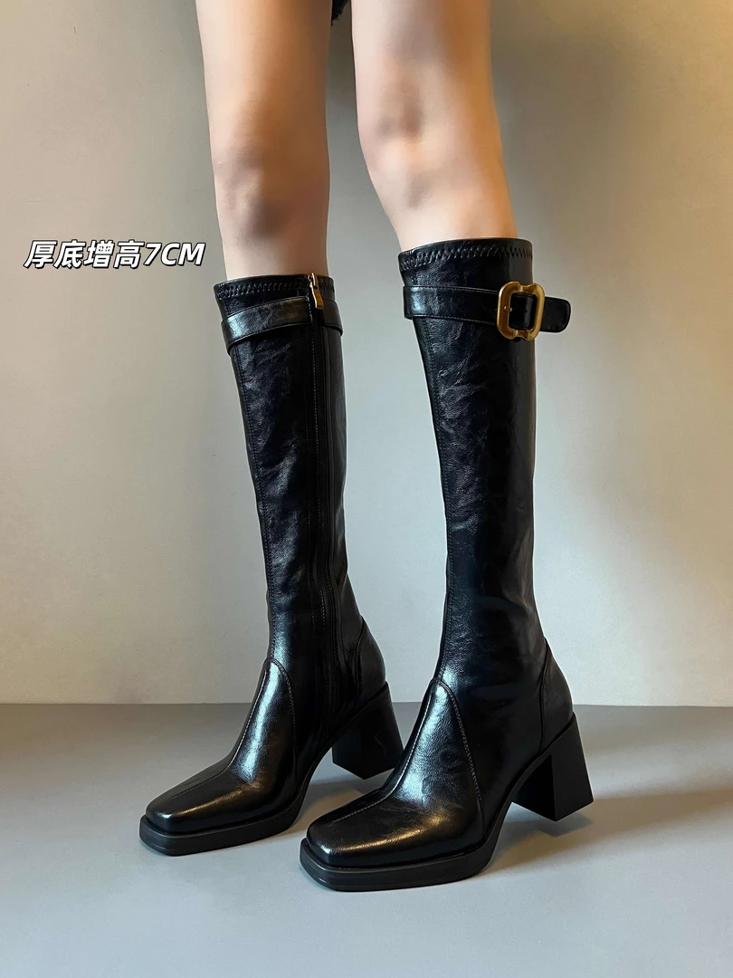 真皮黑色长筒靴女2025新款方头皮带扣骑士靴粗跟时装靴不过膝长靴