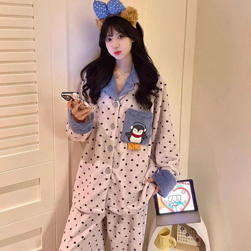 卡通企鹅睡衣女士冬季珊瑚绒加绒加厚法兰绒保暖家居服套装可外穿