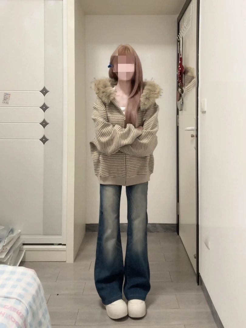 秋冬新款美式潮牌条纹独特开衫卫衣女连帽宽松大毛领厚外套潮